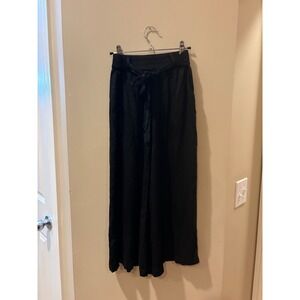 Figwood Black Wide Leg Cropped Pants Small Rayon Smocked Waist Tie Relaxed Boho‎